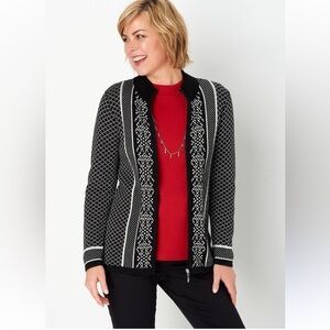 Christopher & Banks Black White Fair Isle Knit Zip Cardigan Sweater Medium Cozy